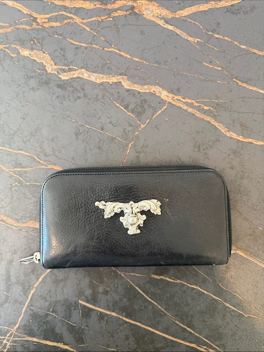 Black Leather Zip Wallet with Silver Ornate Accent